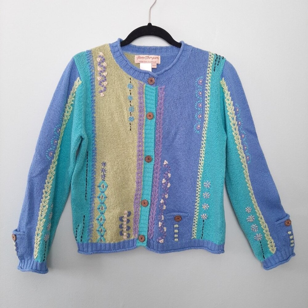 90s Spring Pastel Cardigan Sweater Embroidered Green Blue Cortagecore Fairy Boho